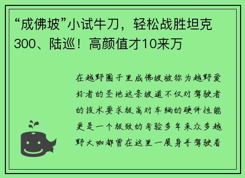 “成佛坡”小试牛刀，轻松战胜坦克300、陆巡！高颜值才10来万