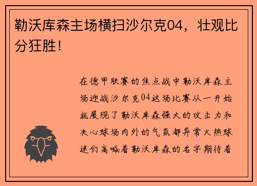 勒沃库森主场横扫沙尔克04，壮观比分狂胜！