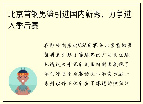 北京首钢男篮引进国内新秀，力争进入季后赛