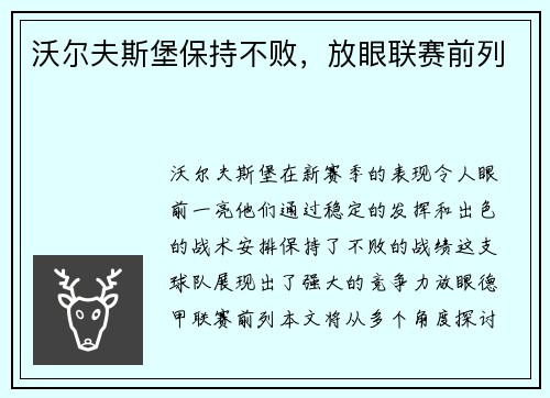 沃尔夫斯堡保持不败，放眼联赛前列