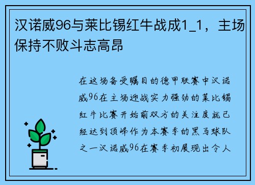 汉诺威96与莱比锡红牛战成1_1，主场保持不败斗志高昂