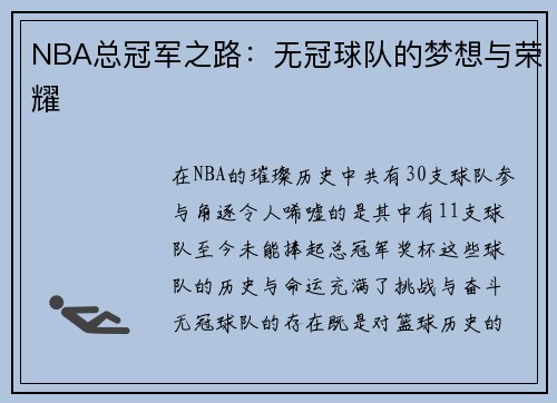NBA总冠军之路：无冠球队的梦想与荣耀