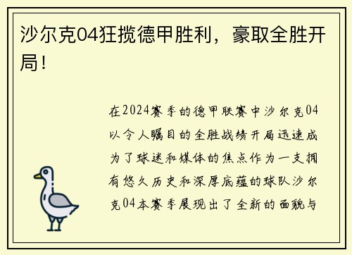 沙尔克04狂揽德甲胜利，豪取全胜开局！