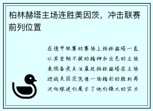 柏林赫塔主场连胜美因茨，冲击联赛前列位置