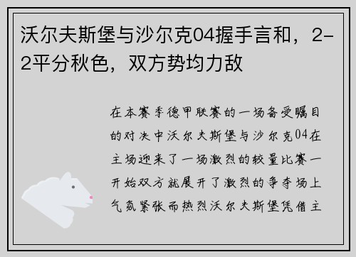 沃尔夫斯堡与沙尔克04握手言和，2-2平分秋色，双方势均力敌